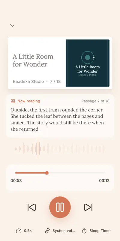 The read-aloud player with passage text, speed and sleep timer