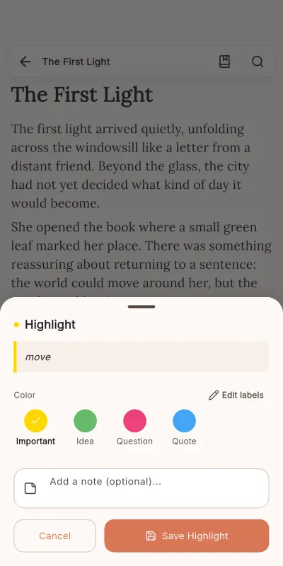 Saving a highlight with a colour label and a note