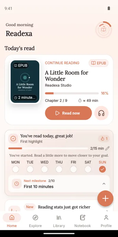 The home screen with today's book, daily goal and streak